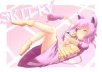  1girl animal_ears blush cat_ears closed_eyes dress hug jogie_(artist) personification pokemon ponytail puffy_short_sleeves puffy_sleeves purple_dress purple_hair short_hair short_sleeves skitty smile solo tail 
