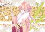  1girl 2016 floral_print flower hair_flower hair_ornament happy_new_year japanese_clothes kimono long_hair looking_at_viewer new_year obi original pink_eyes pink_hair sash smile sola_syu solo 