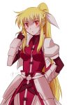  1girl :o armor armored_dress blonde_hair blush cosplay fate_testarossa hair_ribbon highres long_hair lyrical_nanoha mahou_shoujo_lyrical_nanoha_strikers ponytail red_eyes ribbon signum_(cosplay) sm318 solo very_long_hair 