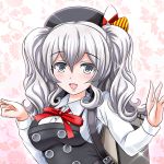  1girl :d alternate_costume backpack bag beret bow cosplay grey_eyes hat kantai_collection kashima_(kantai_collection) kasumi_(kantai_collection) looking_at_viewer open_mouth randoseru school_uniform silver_hair smile solo tk8d32 two_side_up 