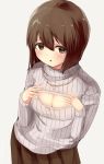  1girl blush breasts brown_eyes brown_hair cleavage hagiwara_yukiho idolmaster open-chest_sweater short_hair solo sweater tsukimura 