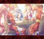  4girls ;) akagi_towa amanogawa_kirara blonde_hair blue_eyes blue_hair blush chair choker closed_eyes cup cure_flora cure_mermaid cure_scarlet cure_twinkle drinking go!_princess_precure green_eyes haruno_haruka highres inoshishi_(ikatomo) kaidou_minami letterboxed long_hair magical_girl multicolored_hair multiple_girls one_eye_closed orange_hair pink_hair precure redhead sitting smile tea teacup twintails two-tone_hair very_long_hair violet_eyes yellow_eyes 