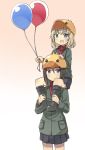  2girls :d amaa_(chou_dennou_jidai) animal_hat balloon blonde_hair blue_eyes boots brown_hair carrying fang girls_und_panzer hand_on_another&#039;s_head hat holding_balloon katyusha long_hair military military_uniform multiple_girls nonna open_mouth pleated_skirt short_hair shoulder_carry skirt smile uniform visor_cap 