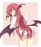  1girl ;d alternate_costume ass bat_wings blush border breasts chata_maru_(irori_sabou) commentary_request contrapposto fang head_tilt head_wings koakuma long_hair looking_at_viewer looking_back low_wings naked_sweater one_eye_closed open_mouth pink_background red_eyes redhead ribbed_sweater simple_background smile sweater touhou very_long_hair white_border wings 