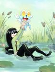  1girl asui_tsuyu black_eyes black_hair black_legwear boku_no_hero_academia cattail froakie green_clothes highres highvoltage holding_animal in_water lifting lily_pad long_hair outdoors plant pokemon pokemon_(creature) pond tongue tongue_out 