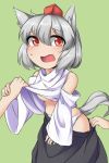  1girl animal_ears breasts fun_bo inubashiri_momiji panties red_eyes shirt_lift silver_hair skirt skirt_pull solo_focus tail touhou under_boob underwear white_panties wolf_ears wolf_tail 