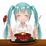  1girl aqua_hair blush broccoli closed_eyes closed_mouth collared_shirt eating food fork gotoh510 happy hatsune_miku highres knife plate shirt signature simple_background steak table twintails vocaloid 