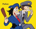  2boys baton black_hair brown_hair buck_teeth dual_persona facial_hair heart heart_in_mouth iyami messy_hair multiple_boys mustache necktie netoro osomatsu-kun osomatsu-san police police_uniform red_necktie simple_background uniform yellow_background 