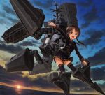  1girl :d ace_combat ace_combat_04 aircraft_carrier bangs black_legwear blue_eyes brown_hair clouds full_body highres kantai_collection long_sleeves looking_at_viewer mecha_musume ocean open_mouth original outstretched_arms personification pleated_skirt ship short_hair skirt sky smile solo sunset tareme thigh-highs tom-neko_(zamudo_akiyuki) two_side_up warship zettai_ryouiki 