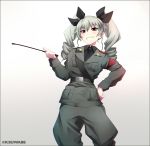  anchovy armband bandolier bangs brown_eyes commentary_request drill_hair epaulettes fatigues girls_und_panzer green_hair grin hair_between_eyes hair_ribbon hand_on_hip kei-suwabe ribbon riding_crop smile twin_drills twintails twitter_username uniform 