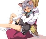  2girls animal_ears blonde_hair blush dress full-face_blush grey_hair hasebe_yuusaku hug hug_from_behind jewelry long_sleeves mouse_ears multiple_girls nazrin necklace open_mouth red_eyes short_hair simple_background sitting sitting_on_person socks sweat text tiger_print toramaru_shou touhou white_background yuri 