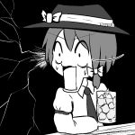  1girl black_background bow hat hat_bow long_sleeves monochrome nanachise7 open_mouth short_hair simple_background solo tagme touhou upper_body usami_renko 