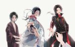  1boy armor blood brown_hair earrings haori japanese_armor japanese_clothes jewelry kashuu_kiyomitsu kimono kote long_hair male_focus nuriko-kun ponytail pov red_eyes red_scarf scarf shinsengumi solo_focus touken_ranbu white_background 