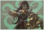  1girl brown_background brown_hair character_name dark_skin earrings facial_tattoo green_eyes illaoi jewelry league_of_legends long_hair monori_rogue ponytail solo tattoo tentacles 