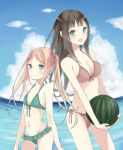  2girls aquariumtama bikini blue_eyes breasts brown_hair character_request cleavage flat_chest food front-tie_bikini front-tie_top fruit green_bikini green_eyes hair_ribbon highres holding long_hair looking_at_viewer multiple_girls ocean open_mouth ribbon side-tie_bikini sky swimsuit twintails watermelon 