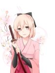  1girl ahoge black_bow black_gloves blush bow cherry_blossoms elbow_gloves fate/grand_order fate_(series) gloves grey_eyes hair_bow highres japanese_clothes katana koha-ace looking_at_viewer pink_hair sakura_saber short_hair smile solo sword type-moon weapon y_neru 