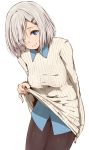  1girl alternate_costume blue_eyes blush breasts clothes_lift haine hair_ornament hair_over_one_eye hairclip hamakaze_(kantai_collection) highres kantai_collection looking_at_viewer pantyhose short_hair silver_hair smile solo sweater sweater_lift 