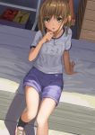  1girl blush carrot_hair_ornament gym_shorts gym_uniform hair_ornament looking_at_viewer original solo yoropa 