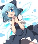  1girl blonde_hair blue_dress blue_hair bow cirno do_(4-rt) dress dutch_angle fang flying_sweatdrops hair_bow hands_on_own_chest highres ice ice_wings looking_at_viewer open_mouth puffy_short_sleeves puffy_sleeves shirt short_sleeves solo touhou wings 