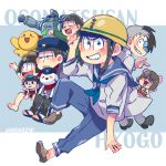  1girl 6+boys ;d alternate_costume alternate_hairstyle black_jack_(copyright) black_jack_(cosplay) bow brothers brown_hair copyright_name dudou hair_bow hardhat hat heart heart_in_mouth helmet male_focus matsuno_choromatsu matsuno_ichimatsu matsuno_juushimatsu matsuno_karamatsu matsuno_osomatsu matsuno_todomatsu multiple_boys one_eye_closed open_mouth osomatsu-kun osomatsu-san outside_border peaked_cap pinoko sailor sandals scar sextuplets siblings smile tetsujin_28 tetsujin_28-gou twitter_username wall-eyed 