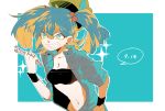  1girl bandeau blue_eyes blue_hair ear_piercing earrings fang grin hair_bobbles hair_ornament hat jacket jewelry kawashiro_nitori midriff namataro navel piercing sketch smile solo sparkle touhou twintails upper_body wrench wristband 