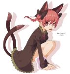  1girl animal_ears bow braid cat_ears cat_tail dated dress earrings extra_ears full_body hair_bow jewelry kaenbyou_rin long_hair long_sleeves multiple_tails namataro open_mouth puffy_sleeves red_eyes redhead sharp_teeth simple_background socks solo squatting tail teeth tiptoes tongue tongue_out touhou twin_braids twitter_username white_background white_legwear 