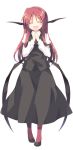  1girl bat_wings blush closed_eyes full_body hands_together head_wings koakuma long_hair long_sleeves necktie open_mouth pantyhose puffy_sleeves red_legwear redhead satou_kibi shirt shoes simple_background skirt skirt_set smile solo touhou vest white_background wings 