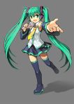  1girl detached_sleeves green_eyes green_hair hatsune_miku headphones headset long_hair microphone necktie outstretched_hand segamark singing skirt solo thigh-highs twintails very_long_hair vocaloid 