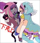  2girls animal_ears aqua_eyes black_border border bow brown_hair cat_ears cat_paws cat_tail dress fangs fish_hood gloves groping hashimoto_nyaa idol kneeling looking_at_another lying multicolored_hair multiple_girls on_back on_floor osomatsu-kun osomatsu-san paw_gloves paws pink_hair school_uniform simple_background streaked_hair tail tears white_background yowai_totoko yuri 