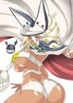  1girl aoiakira553 ass belt beltbra blonde_hair breasts cape dark_skin guilty_gear guilty_gear_xrd hat large_breasts long_hair looking_at_viewer looking_back ramlethal_valentine red_eyes short_shorts shorts sideboob simple_background smile solo under_boob upper_body white_background 