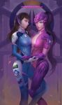  2girls absurdres alternate_eye_color alternate_skin_color armor armored_boots bangs blue_eyes bodysuit boots bracer breast_press breasts brown_hair bunny_print center_opening cleavage collarbone copyright_name covered_navel cowboy_shot d.va_(overwatch) emblem facepaint facial_mark gauntlets gloves greaves gun hakobakoko hand_on_another&#039;s_hand head_mounted_display headphones helmet high_collar highres knee_boots lips lipstick logo long_hair looking_at_another makeup medium_breasts multiple_girls overwatch parted_lips pauldrons pilot_suit ponytail purple_gloves purple_hair rifle shiny shiny_clothes short_sleeves shoulder_pads skin_tight smile sniper_rifle swept_bangs symmetrical_docking thigh-highs thigh_boots thigh_strap turtleneck vambraces very_long_hair visor weapon whisker_markings white_boots white_gloves widowmaker_(overwatch) yellow_eyes 