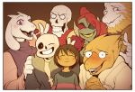  3boys 3girls ;p =_= alphys androgynous asgore_dreemurr beard blonde_hair brown_hair child everyone eyepatch eyeshadow facial_hair frisk_(undertale) glasses good_end grin group_picture hands_clasped head_fins hood hoodie horns makeup monster_boy monster_girl multiple_boys multiple_girls one_eye_closed palidoozy-art papyrus_(undertale) photo_(object) redhead sans scarf shirt skeleton smile spoilers striped striped_shirt tongue tongue_out toriel undertale undyne v violet_eyes 