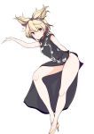  1girl absurdres alternate_costume amisu black_panties blonde_hair blush china_dress chinese_clothes dress earmuffs full_body heart high_heels highres looking_at_viewer panties short_hair side_slit simple_background smile solo standing touhou toyosatomimi_no_miko underwear white_background yellow_eyes 