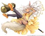  1girl animal_ears bisclavret black_bra black_legwear black_panties blush bra copyright dark_skin dress fox_ears fox_tail garter_straps hammer highres jewelry kai-ri-sei_million_arthur lace long_hair namaru_(summer_dandy) necktie panties silver_hair tail underwear weapon wince wrist_cuffs yellow_eyes 