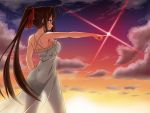  1girl ahoge ass back brown_eyes brown_hair clouds dress frills from_side khnchak lens_flare long_hair original pointing ponytail see-through_silhouette sky smile solo strap_gap sunset very_long_hair white_dress 