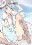  1girl blue_eyes blue_hair blue_sky blush boots chikado clouds convenient_censoring cross-laced_footwear dress flat_color food fruit hat hinanawi_tenshi lace-up_boots long_hair looking_at_viewer peach puffy_sleeves ribbon short_sleeves sitting sky smile solo spread_legs touhou 