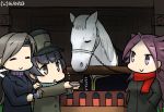  3girls alternate_costume arare_(kantai_collection) black_hair blush_stickers brown_hair carrot chitose_(kantai_collection) closed_eyes coat commentary dated hamu_koutarou hat headband horse jun&#039;you_(kantai_collection) kantai_collection multiple_girls overcoat purple_hair scarf spiky_hair 