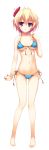  1girl absurdres bare_legs bare_shoulders bikini blonde_hair blush brown_eyes flower full_body hair_flower hair_ornament hand_on_own_chest highres looking_at_viewer nozomi_(reminiscence) panties reminiscence side-tie_bikini side-tie_panties simple_background smile solo swimsuit tomose_shunsaku transparent_background underwear white_background 