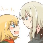  2girls blonde_hair blue_eyes emphasis_lines face-to-face facing_another fang girls_und_panzer grey_hair itsumi_erika katyusha looking_at_another lowres multiple_girls open_mouth rebecca_(keinelove) school_uniform sweat 