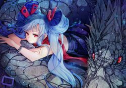  1girl bangs beatmania beatmania_iidx bemani blue_hair blue_skirt chain double_bun dragon hair_ornament hopper jubeat lock long_hair lying maud number on_stomach padlock pleated_skirt red_eyes skirt sleeveless solo twintails very_long_hair 