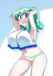  1girl alternate_hairstyle armpits arms_behind_head blue_background blue_eyes blush breasts covered_nipples cowboy_shot frog_hair_ornament full-face_blush green_hair green_panties hair_ornament hips huge_breasts kochiya_sanae looking_at_viewer navel no_pants obyaa open_mouth outline panties ponytail shiny shiny_hair shiny_skin short_hair sleeveless snake_hair_ornament solo stomach thighs touhou two-tone_background underwear white_background 