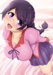  1girl bakemonogatari black_hair braid glasses hanekawa_tsubasa highres long_hair monogatari_(series) ponpo school_uniform twin_braids twintails violet_eyes 