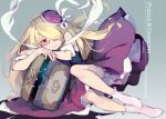  1girl bare_shoulders bespectacled blonde_hair character_name copyright_name dress glasses hair_over_one_eye hat hat_ribbon highres long_hair looking_at_viewer lying on_side pandora_(p&amp;d) purple-framed_glasses purple_dress puzzle_&amp;_dragons red_eyes ribbon semi-rimless_glasses short_sleeves socks solo tennohi treasure_chest under-rim_glasses very_long_hair 