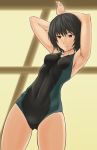  amagami armpits arms_up black_hair brown_eyes competition_swimsuit expressionless naaru nanasaki_ai one-piece_swimsuit school_swimsuit short_hair swimsuit 