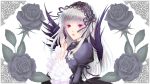  1girl bangs black_rose black_wings bow doll_joints feathers flower frills gothic_lolita hairband lolita_fashion lolita_hairband long_hair looking_at_viewer red_eyes ribbon rose rozen_maiden silver_hair solo suigintou sumitan wings 