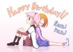  2girls aqua_eyes artist_request back-to-back bangs black_legwear blush closed_eyes commentary_request crossover english from_side full_body glasses gradient gradient_background hair_bobbles hair_ornament hands_on_own_knees happy_birthday head_tilt kneehighs loafers magical_girl multiple_girls open_mouth orange_hair overalls pink_hair pink_legwear pleated_skirt precure purple_skirt red-framed_glasses reflection school_uniform seiyuu_connection serafuku shirabe_ako shoes short_hair short_twintails sitting skirt sleeping sleeping_on_person sleeping_upright sleeves_past_wrists smile sneakers suite_precure suspenders text twintails yoshikawa_chinatsu yuru_yuri 