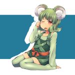  1girl animal_ears green_hair green_legwear kuromiya original red_eyes sitting solo thigh-highs wariza 