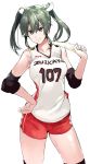  1girl breasts cowboy_shot elbow_pads green_hair hand_on_hip kantai_collection ruuto_(sorufu) shorts simple_background smile solo sportswear sweat towel twintails volleyball_uniform white_background zuikaku_(kantai_collection) 