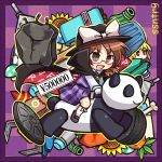  1girl blonde_hair bone bow brown_eyes brown_hair cape flower glasses hat hat_bow open_mouth panda pote_(ptkan) price_tag red-framed_glasses red_eyes riding rock runes smile solo sunflower tire touhou usami_sumireko violet_eyes 