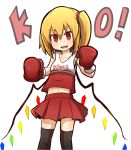  1girl :d alternate_costume black_legwear blonde_hair blush boxing boxing_gloves clothes_writing eyebrows eyebrows_visible_through_hair fangs flandre_scarlet hair_between_eyes highres jpeg_artifacts kumo_(atm) looking_at_viewer open_eyes open_mouth red_eyes short_hair side_ponytail simple_background sleeveless smile solo standing thigh-highs touhou upper_body white_background wings zettai_ryouiki 